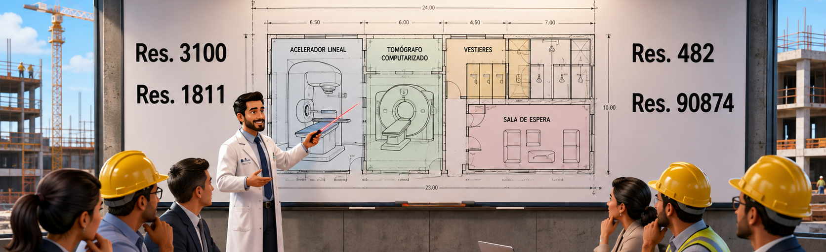 Reunión de diseño y planos con físico médico y gerentes